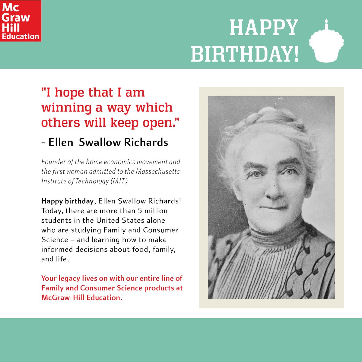 Happy 173rd Birthday to Ellen Swallow Richards! The first women admitted to <a href="/MIT/">Massachusetts Institute of Technology (MIT)</a>! #homeec #homeecteacher