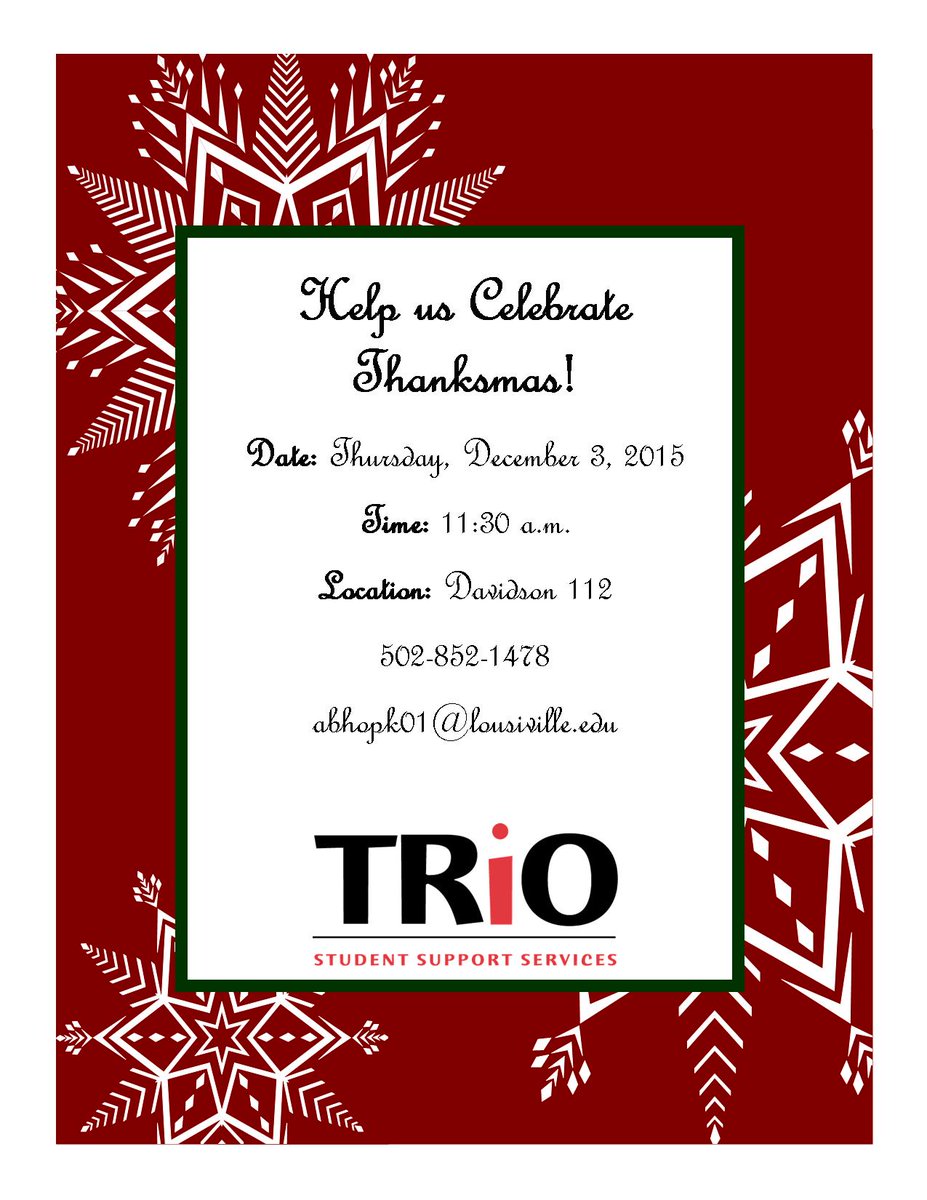 UofLSSS's tweet photo. Please join us today for Thanksmas Dinner beginning at 11:30 a.m. until food runs out in Davidson Hall 112. https://t.co/afVQq6EtRX