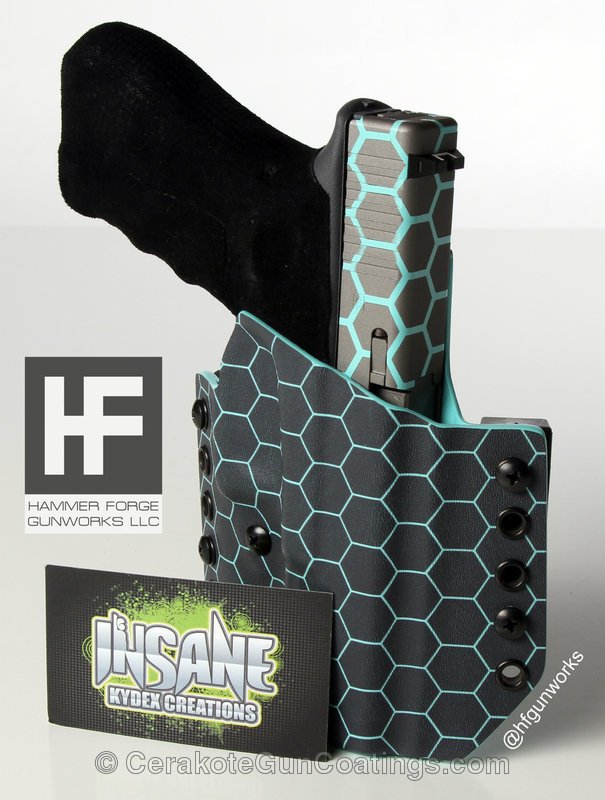 CerakoteFinish's tweet photo. #HammerForge Gunworks using #Cerakote Robin's Egg Blue & Gun Metal Grey on this @GLOCKInc & #Kydex holster. https://t.co/q4DcQDjRDd