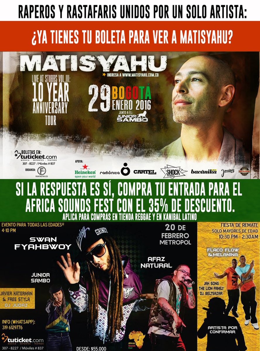 Fantastik_co's tweet photo. Si ya compraste tu boleta para ver a #Matisyahu, compra tu entrada para el @africansoundsf con el 35% de descuento. https://t.co/leTbjDvFLy