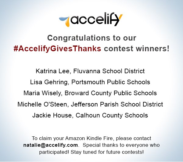 AccelifyLLC's tweet photo. Congratulations to our #AccelifyGivesThanks contest winners! https://t.co/1x88nStz0j