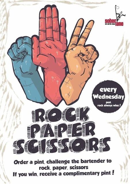 SoberLaneD4's tweet photo. **ROCK PAPER SCISSORS** is back tonight! Challenge the bar staff to a game, win and you get the pint on us! https://t.co/ydEy9mjRNo