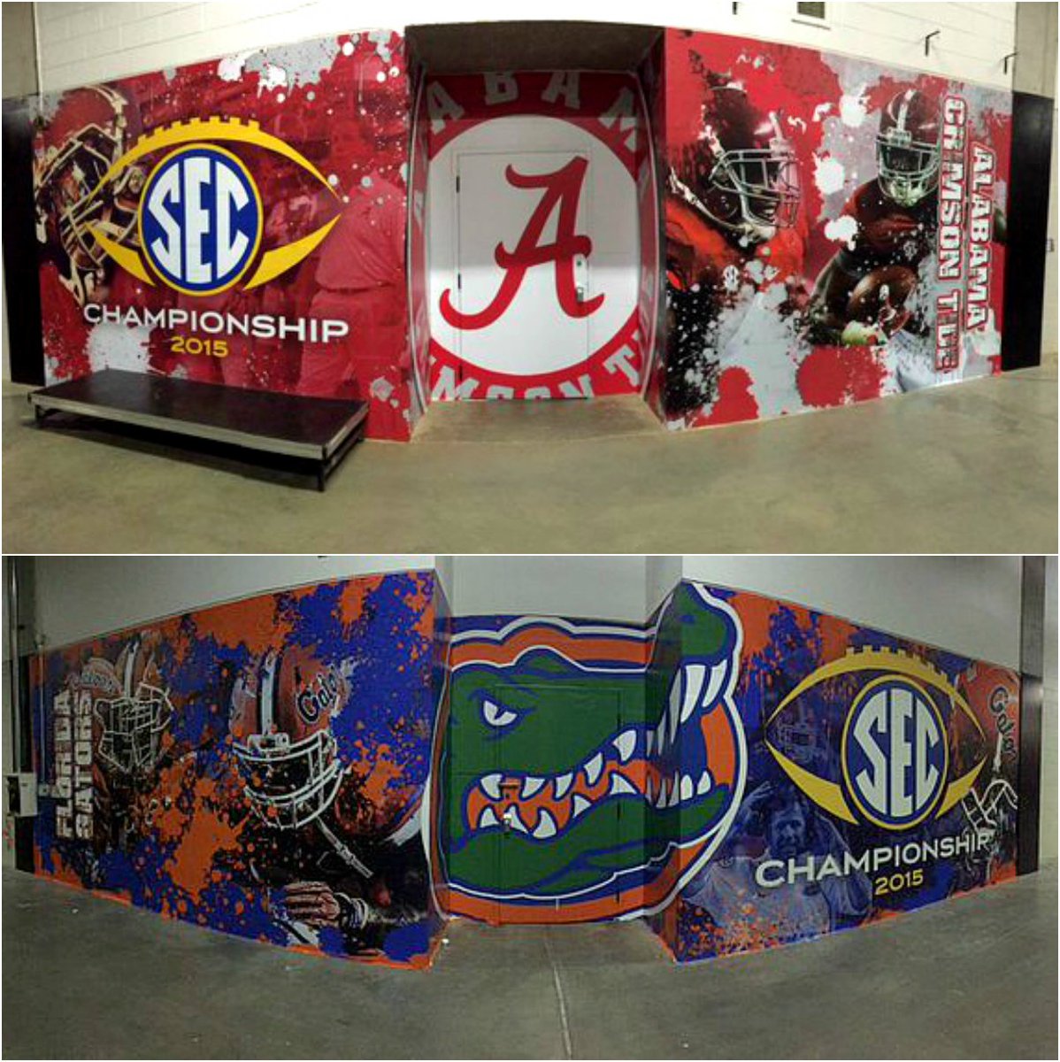 SECNetwork's tweet photo. #1 in the West @AlabamaFTBL
#1 in the East @GatorsFB

The locker rooms are ready for Saturday!  (📷: @SEC) https://t.co/EwMslaz43G