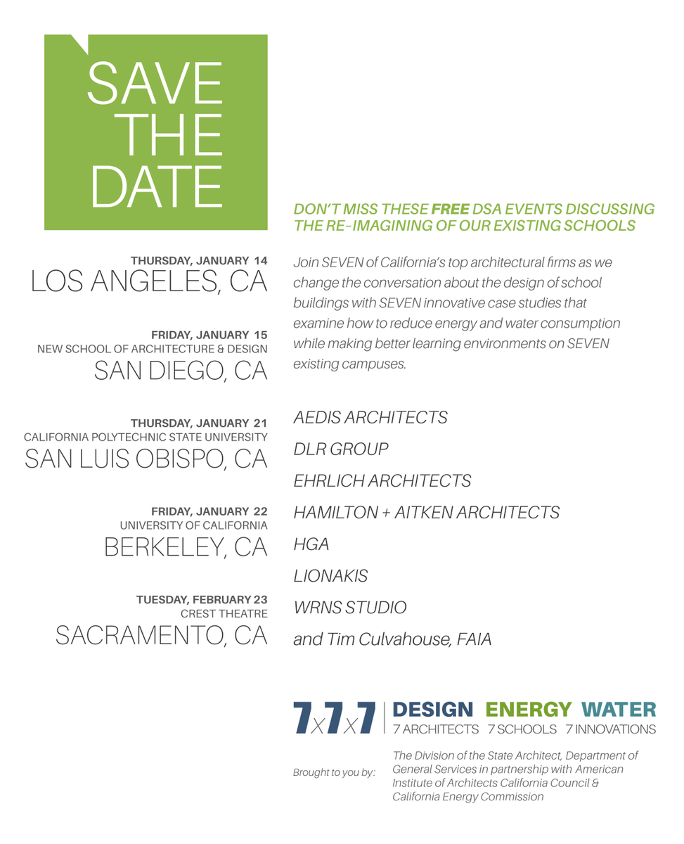 ChetWidomFAIA's tweet photo. Mark your calendars and save the date for #DSA7x7x7 #DesignEnergyWater. https://t.co/gWIy3lK6uu