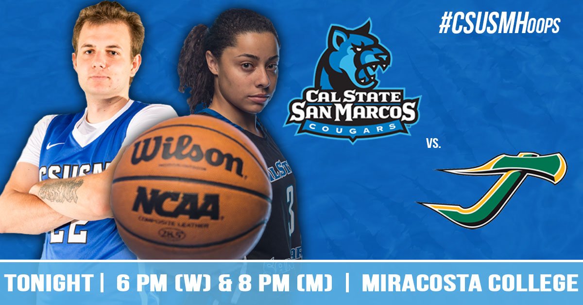 CSUSM_MBB's tweet image. .@goCCAA Doubleheader TONIGHT! #CSUSMHoops hosts @HSUJacks at MiraCosta College (6 PM &amp;amp; 8 PM). #ccaawbb #ccaambb