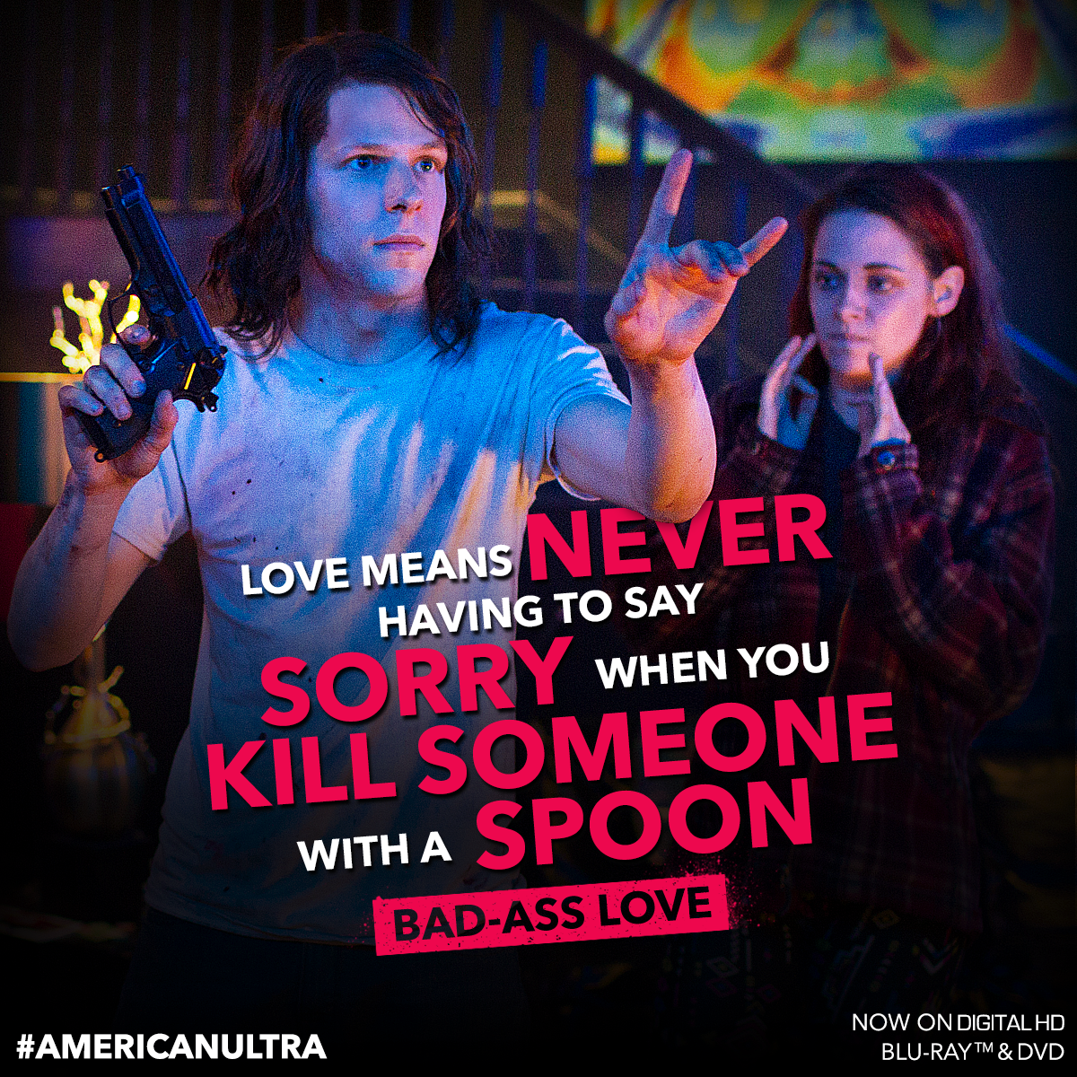 This ain’t no ordinary love. Catch #KristenStewart and #JesseEisenberg in #AmericanUltra!