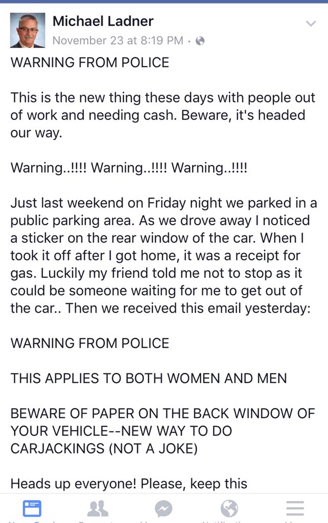 bakesale77's tweet photo. The carjacking hoax is back just in time for the holidays!!
#BestofFacebook https://t.co/MA12D2nEtW