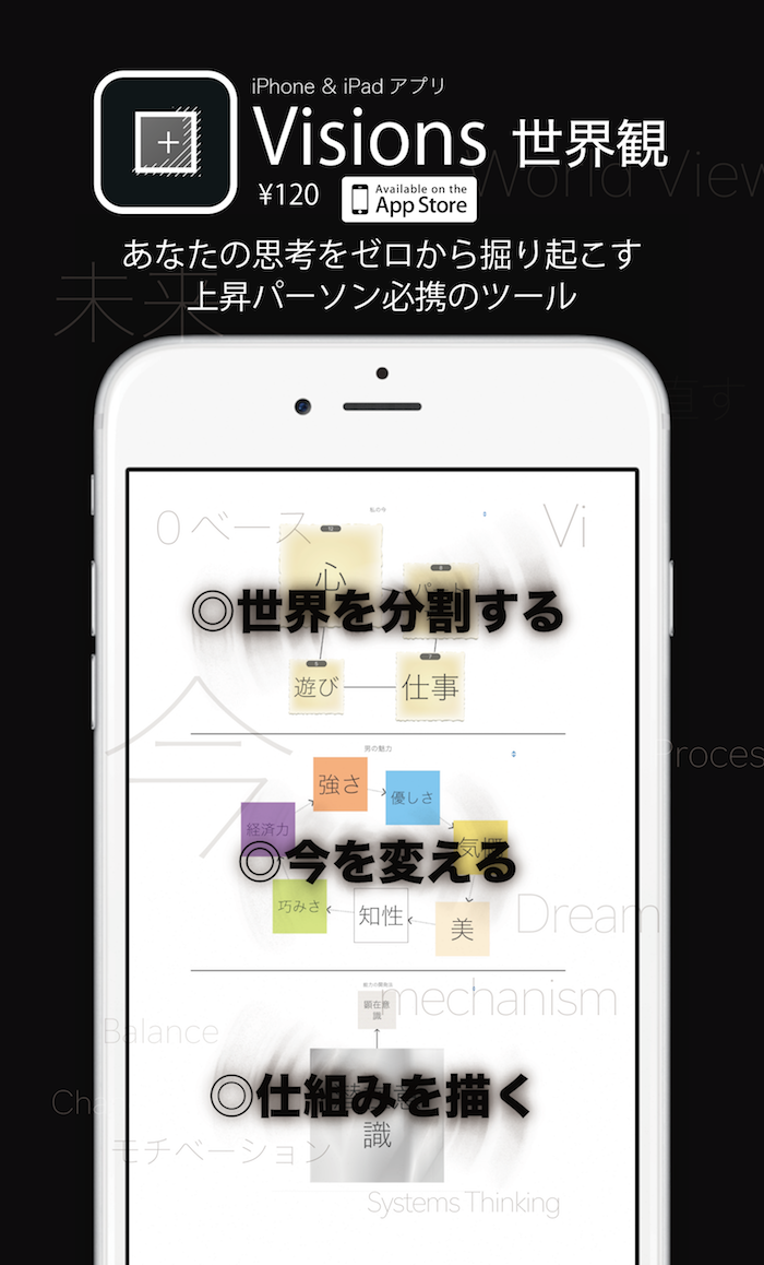 iPhoneアプリ「Visions 世界観」は、
あなたの思考をゼロから掘り起こす
上昇パーソン必携のツールです
12/02リリース！！

itunes.apple.com/ja/app/visions…