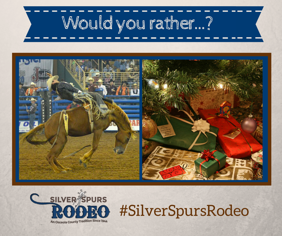 SilverSpursRdo's tweet photo. Would you rather...? Go #barebackbronc riding or try to keep the kids from opening their presents early? #Kissimmee https://t.co/L4ScTACmDc
