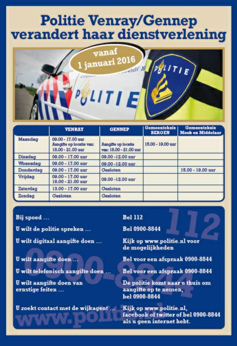 POL_Venray's tweet photo. Politie #Venray  #Gennep #Bergen #Mook en Middelaar verandert haar dienstverlening. 
https://t.co/BHo0c2XPmH https://t.co/fLTm7lpGfu