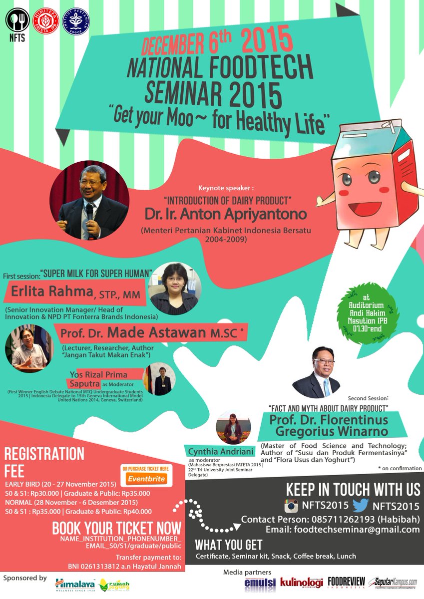 NFTS2015's tweet photo. for brief information about National Foodtech Seminar 6 December 2015, check out our poster @seputarkampus #dairy https://t.co/cIuFrqExa4
