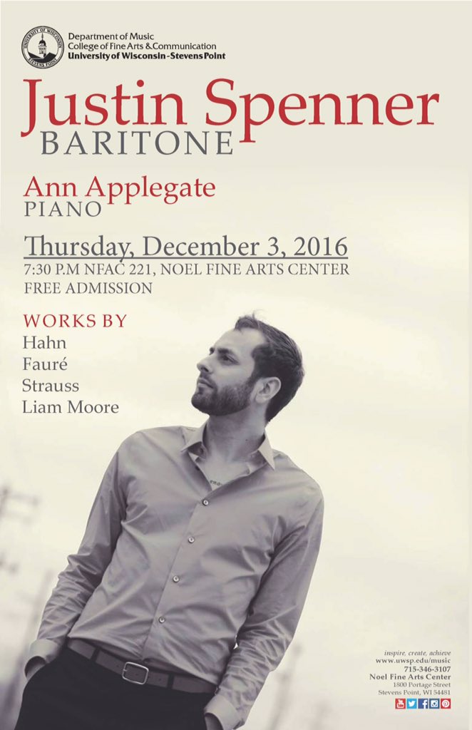 Come out tonight for an Alumni Recital from Justin Spenner at 7:30 p.m. in NFAC room 221!