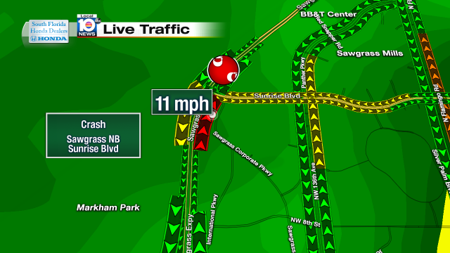 Multi-vehicle crash on Sawgrass NB at Sunrise Blvd. Speeds at 11mph #traffic #sunrise https://t.co/pqymI5vAcs