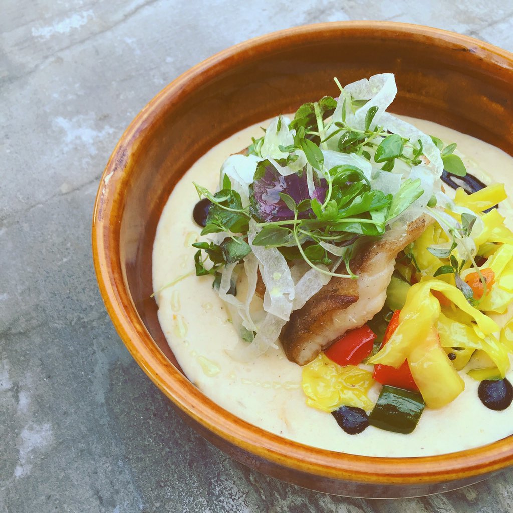 THRandCo's tweet photo. A homage to Husk by @jeffrichardsand: 
White fish, cornbread purée, piccalilly, shiso and fennel. 
#LetUsFeedYou https://t.co/FFLKRIlilt