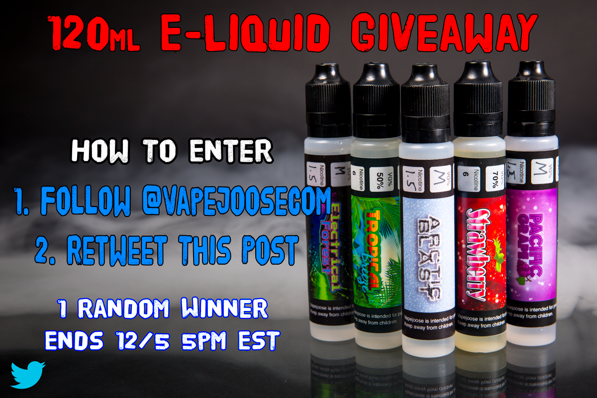 Vapejoosecom's tweet photo. 120mL E-Liquid Giveaway
How To Enter
1. Follow @Vapejoosecom 
2. Retweet This Post

#Vapejoose 
#Vapelife #Vapejuice https://t.co/SJZtwrFNez