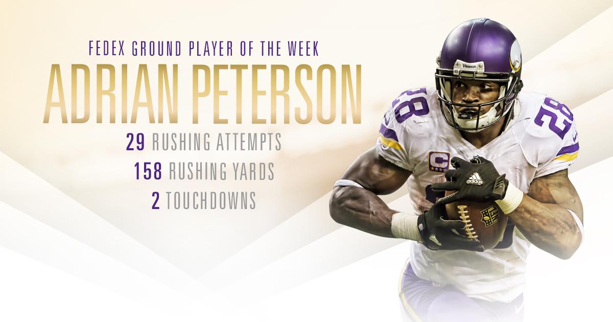 Vikings's tweet image. .@AdrianPeterson has been voted as the @FedEx Ground Player of the Week! 

MORE: mnvkn.gs/fG3PiM