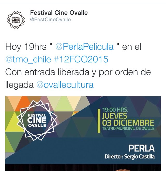 En instantes, se exhibe <a href="/PerlaPelicula/">Perla La Película</a> en el <a href="/tmo_chile/">TMO</a> con entrada liberada y por orden de llegada. #Ovalle