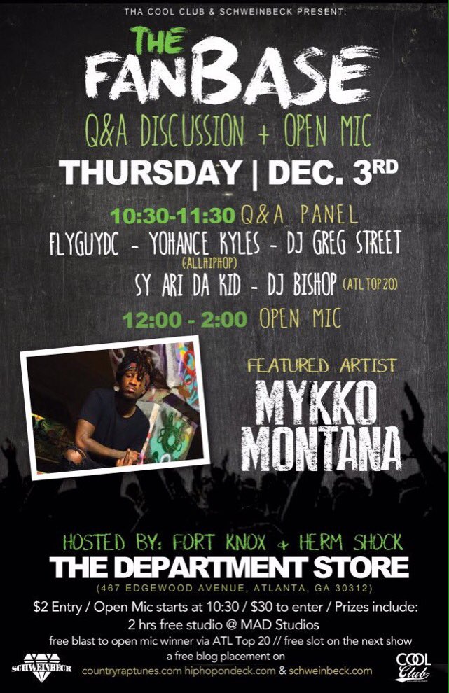 schweinbeck's tweet photo. TONIGHT #TheFanbase at @ErosolDeptStore! With @PowerHouse_Ent, @FORTKNOXLIVE, @HarlemsCraziest &amp; @MYKKOMONTANA! https://t.co/12lupjQMnR