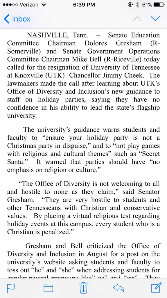idealisticannie's tweet photo. Senators Gresham and Bell call for Chancellor Jimmy Cheek's resignation after "holiday party" suggestions. https://t.co/SyvhBm4lhp