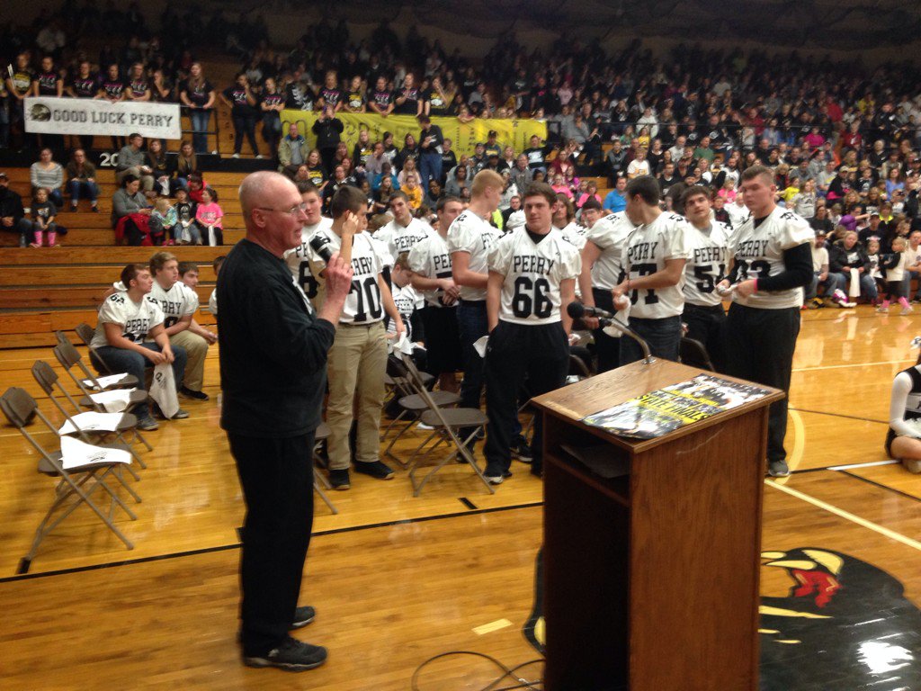 Ohio's Div.2 Coach of the Year <a href="/Perry_Football/">Perry Football</a> Keith Wakefield talks to 2,500+ fans who showed up 4 the Pep Rally!