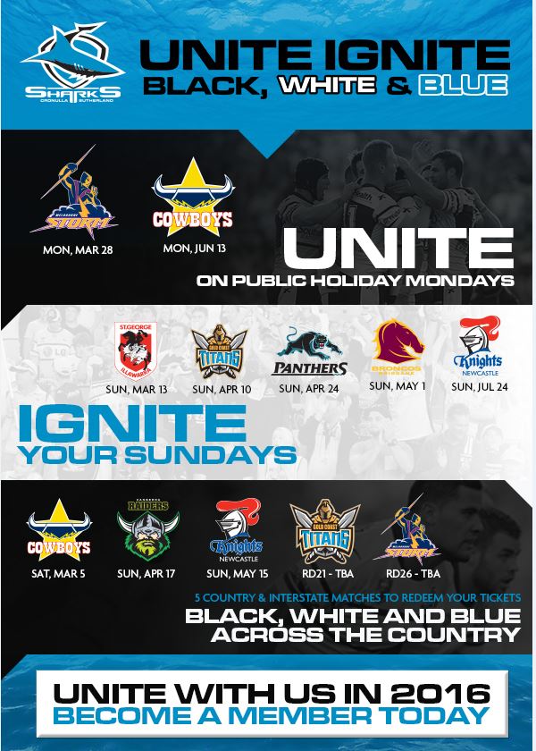 cronullasharks's tweet photo. Have you seen the 2016 NRL Draw highlights?! There's reason to be excited! https://t.co/QQV6YOrZxf #WeAreSharks https://t.co/koZyAsNlZQ
