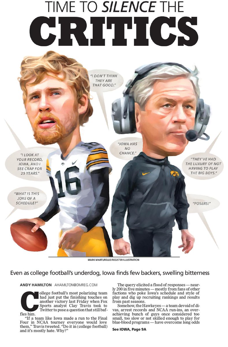 hawkcentral's tweet image. Your @DMRegister news cover: Why the national hate toward Iowa football? dmreg.co/1QXNrRU @APSE_sportmedia
