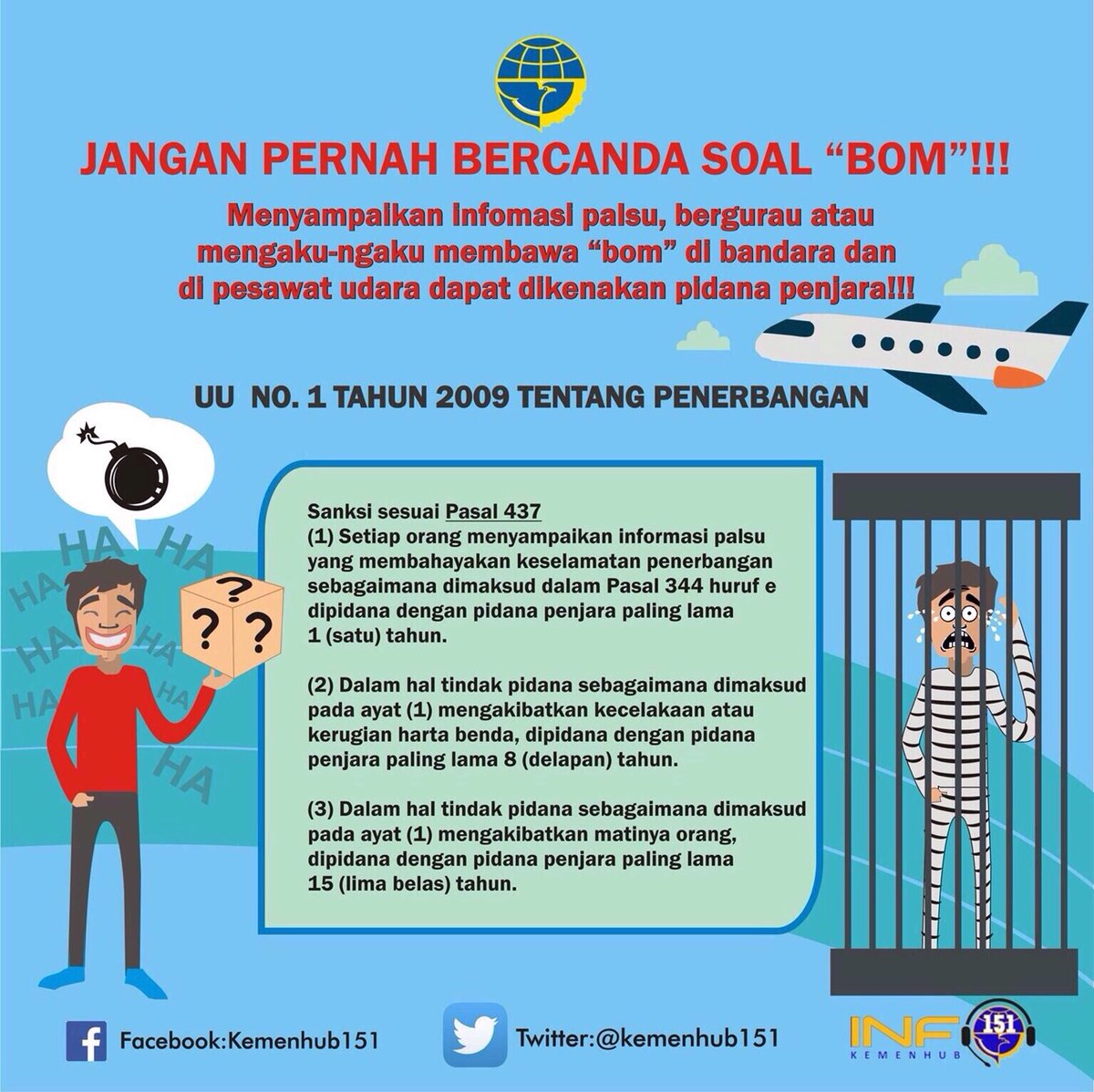 Yuk lebih berhati hati dalam bercanda ttg bom di pesawat. bisa dipenjara 1 tahun loh.. on.fb.me/1PCnEyB