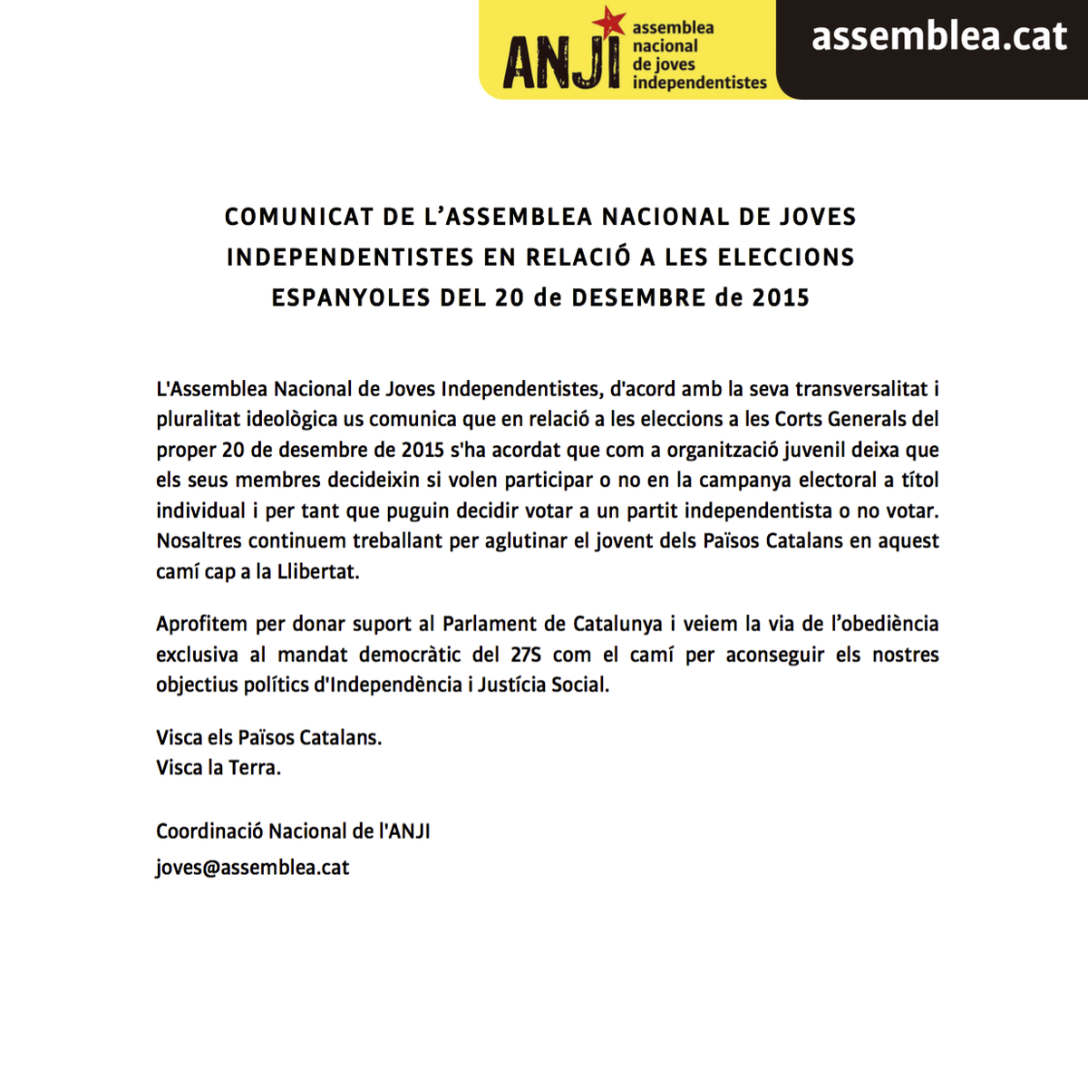 Assemblea_Joves's tweet photo. Comunicat oficial de l'@ANJI_ANC en relació a les eleccions espanyoles del #20D de 2015

https://t.co/7yE3dcW8gY https://t.co/AH7g3qUuLl