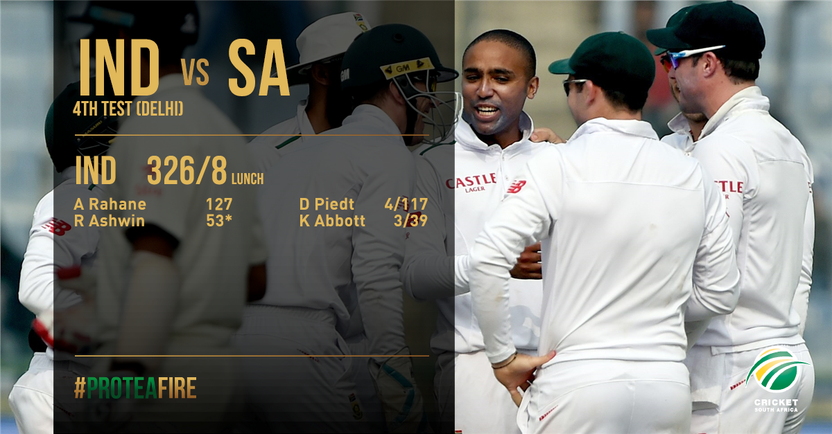 ProteasMenCSA's tweet photo. It's lunch on Day 2 and the Indian tail is wagging a bit. Time for the boys to turn the heat on. #ProteaFire https://t.co/7pSv1OzPHf