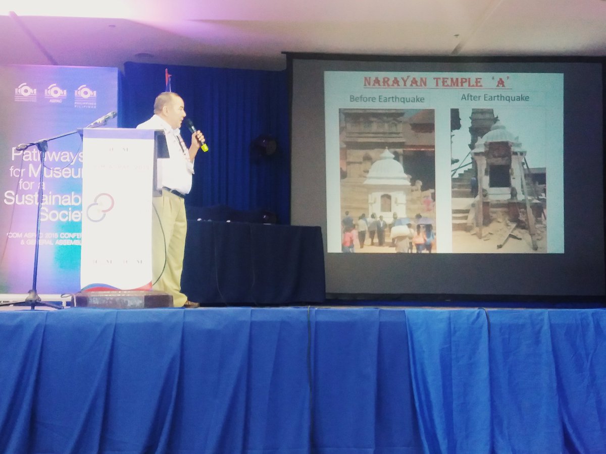 ICOMPhil's tweet photo. Dr. Bharat Raj Rawat, Chair of ICOM Nepal, showing pics of monuments before&after the 2015 earthquake #Pathways2015 https://t.co/vvvf2kVoD6