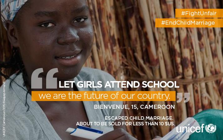 UNICEF's tweet photo. "Let girls attend school. We are the future of this country." Bienvenue, 15, Cameroon. #endchildmarriage https://t.co/genNPpbJE9