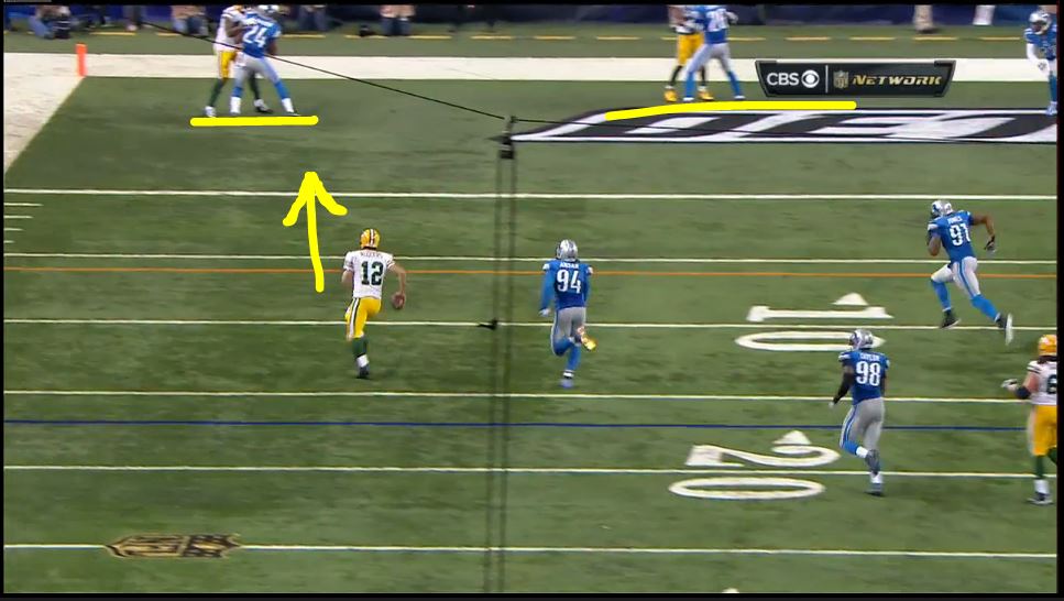 ScottKacsmar's tweet image. Big fan of plastering your receiver in red zone, but here is the drawback vs. mobile QB. They had no clue.