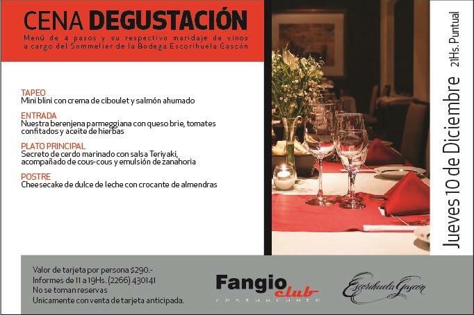 El próximo 10 de diciembre a las 21h, segunda Cena Degustación en nuestro #FangioClub. ¿Nos acompañan?