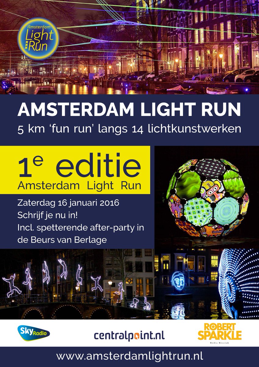 Het ontwerp voor de poster en flyer #amsterdamlightrun zijn naar de drukker, inschrijven op: amsterdamlightrun.nl
