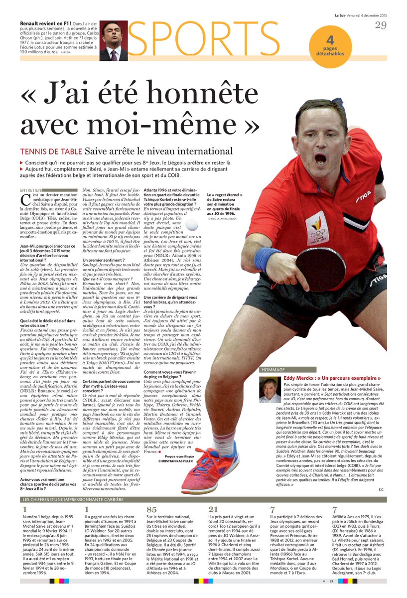 Jlechevestrier's tweet image. Chez nos confrères du @lesoir le "sport" tennis de table à le droit à sa pleine page #Saive @SamuelCogez