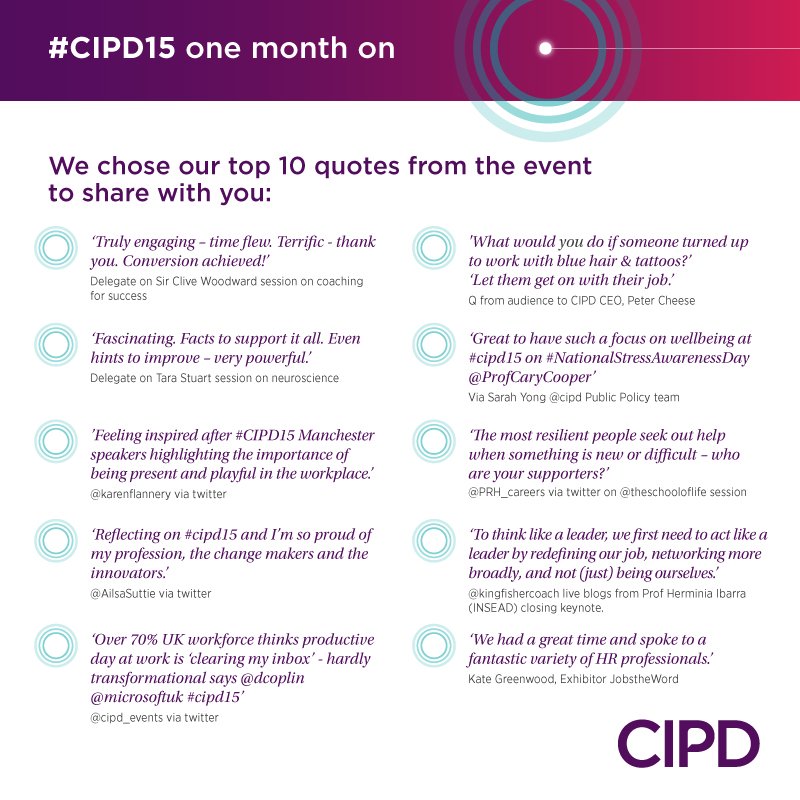 CIPD's tweet photo. One month on from #cipd15 @mcr_central - we chose 10 top quotes from the event so you can re-live it with us :) https://t.co/xyNEjNmryM