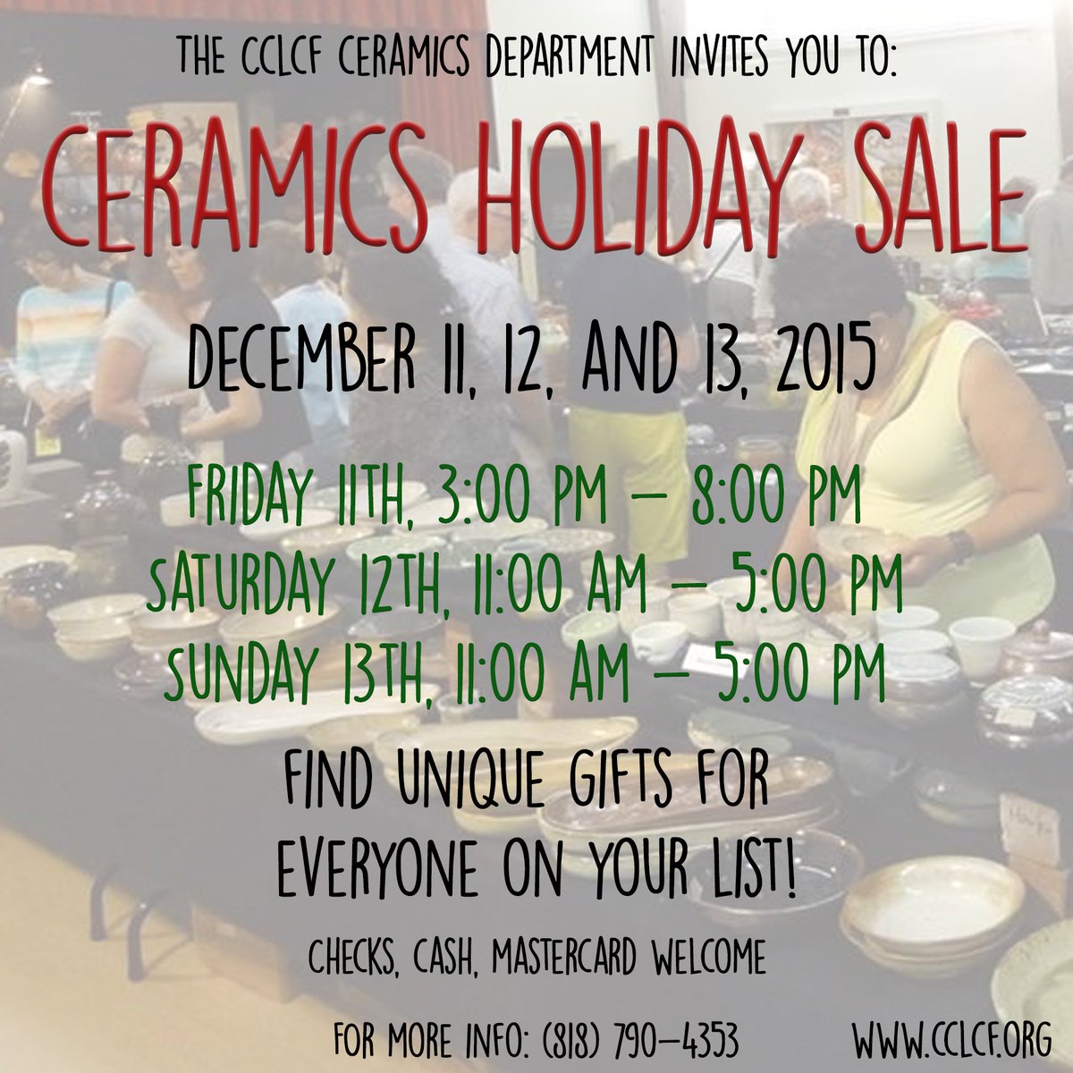 CommCenterLCF's tweet photo. Come to CCLCF's Ceramic Sale this Dec 11,12, and 13th! Find the perfect hand made gift. #ceramics #crafting #cclcf https://t.co/tcFWWoVWvA