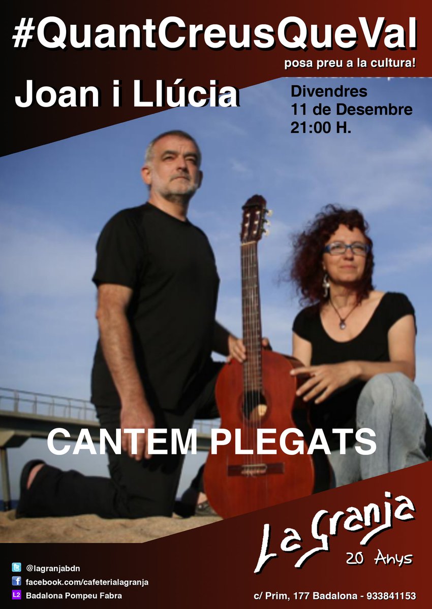 qcqval's tweet photo. Aquest mes en Joan i la Llúcia en el 20 Aniversari de @lagranjabdn. #Badalona @AgendaConcertsC @culturaBDN https://t.co/i7YuD8JnPx