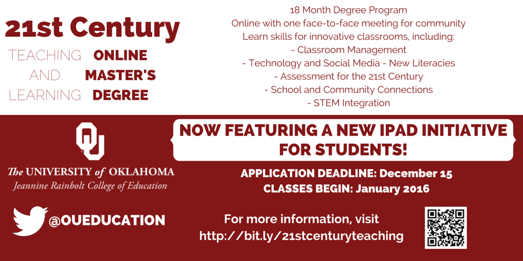 oueducation's tweet image. Plans this weekend? How about applying for our NEW 21st Century Online Master’s Degree?  bit.ly/21stonline
