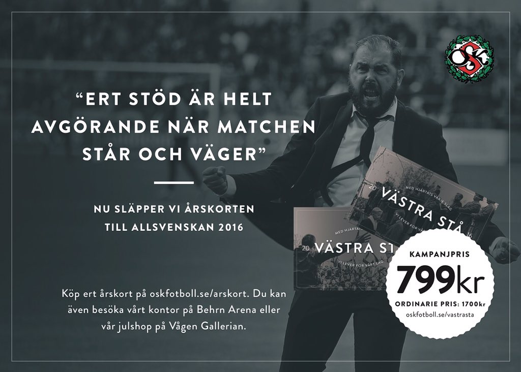 oskfotboll's tweet photo. 799:- för årskort på Västra Stå. Nu gör vi en jättesatsning för att öka stämningen. Besök:
https://t.co/N7aBNB5t2s https://t.co/VGdKzmGfeY