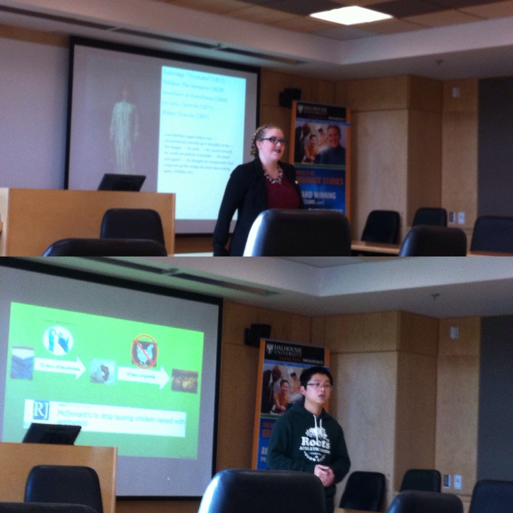 DalhousieU's tweet photo. From vampires to chickens: learning about @DalGradStudies research at the #KnowYourDal pop-up lecture. https://t.co/1G6e7rH4Sb