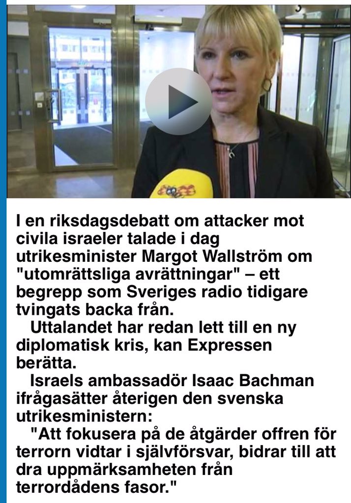 Ivarpi's tweet image. Margot Wallström tycker att självförsvar mot terrorism är "utomrättsliga avrättningar". expressen.se/nyheter/wallst…