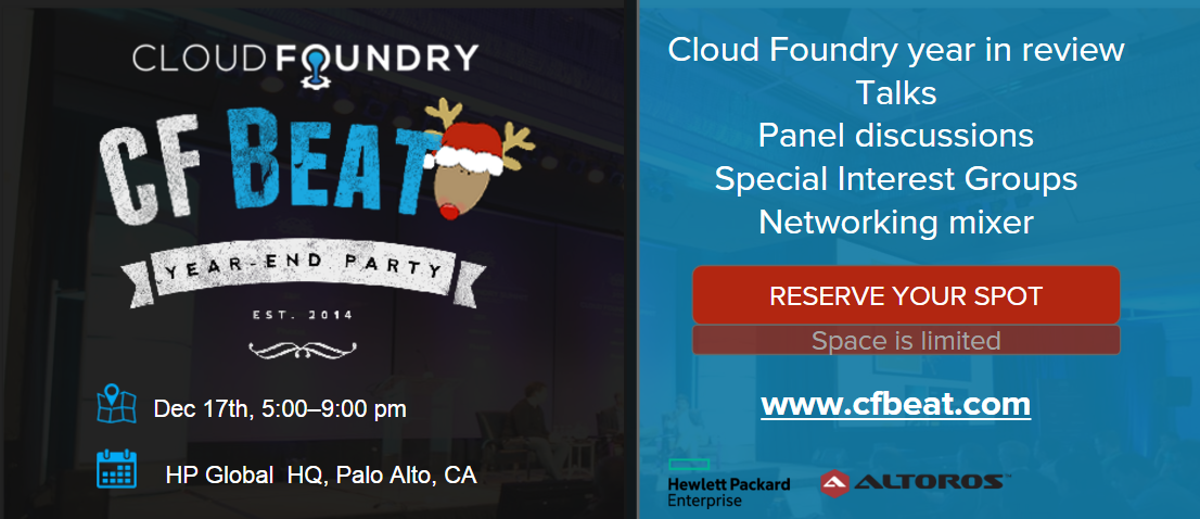 Altoros's tweet photo. Come join #CFBeat, Palo Alto, 12/17: #CloudFoundry wrap-up and holiday mixer! https://t.co/FyKNiOaOaL | #DevOps #IoT https://t.co/E8GTBoOEuL