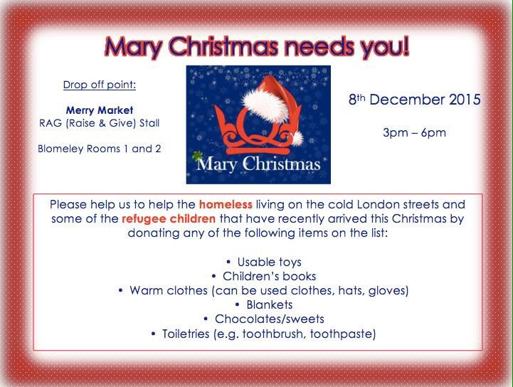 ragqmmileend's tweet photo. RAG Mile End will support Mary Christmas at @QMSU Merry Market on Tuesday 8th. Donations to homeless and refugees. https://t.co/DEjLPO8LqZ