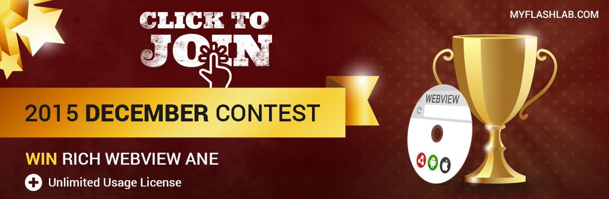 myflashlab's tweet image. Join #myflashlab contest and win an unlimited usage license for #RichWebview #ANE
myflashlab.com/2015-december-…