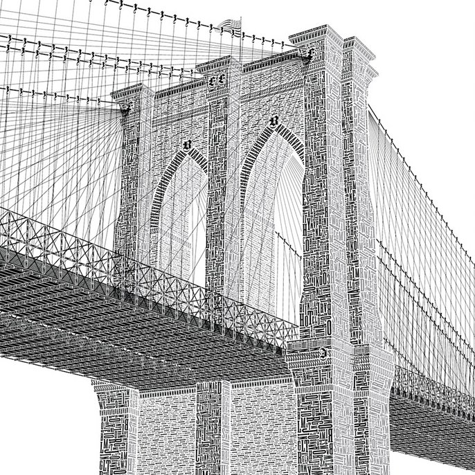 AIGANY's tweet image. Brooklyn Bridge comprised of letter-pressed type from the @typestructures series by Cameron Moll. #nycbydesign