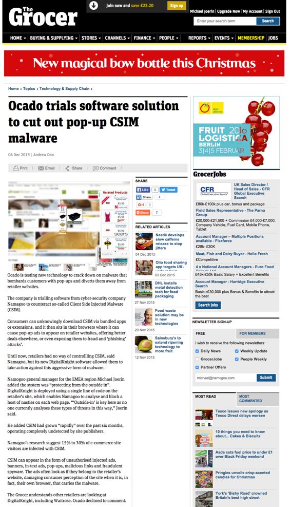 RotaryView's tweet photo. @Ocado adopts Namogoo's #outside_in client-side injected malware (#CSIM) threat detection, as featured in @TheGrocer https://t.co/dSFxcPCzpv