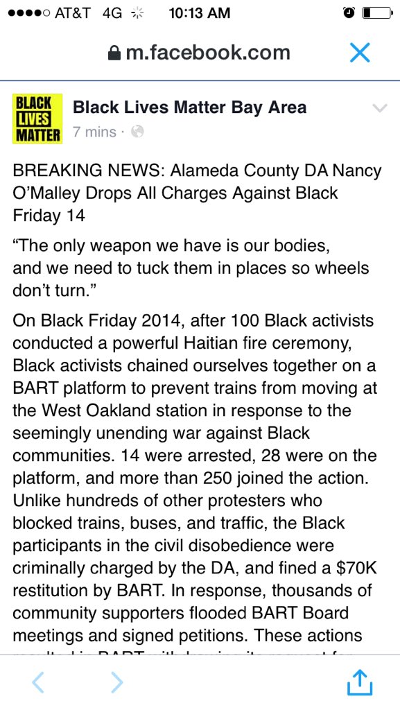 BREAKING NEWS: Alameda County DA Nancy O’Malley Drops All Charges Against #BlackFriday14 facebook.com/BlackLivesMatt…