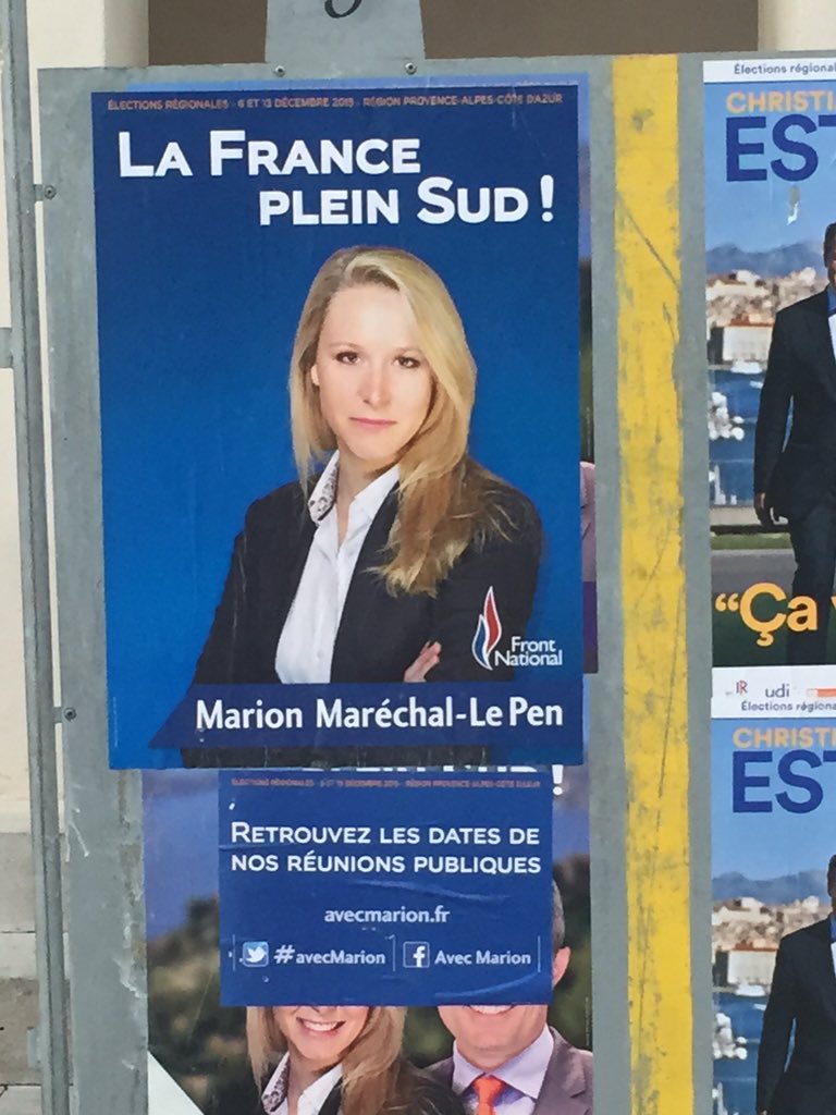 す 明後日はフランスの統一地方選挙 ぼくの住むpaca州では国民戦線の現党首の姪 マリオン マレシャル ルペンが立候補 南部のために というスローガンと鷹の巣村やラベンダー畑バックのソフトなイメージを前面に押し出したポスターが至る所に す 明後日はフランスの統一地方選挙 ぼくの住むpaca州では国民戦線の現党首の姪 マリオン マレシャル ルペンが立候補 南部のために というスローガンと鷹の巣村やラベンダー畑バックのソフトなイメージを前面に押し出したポスターが至る所に