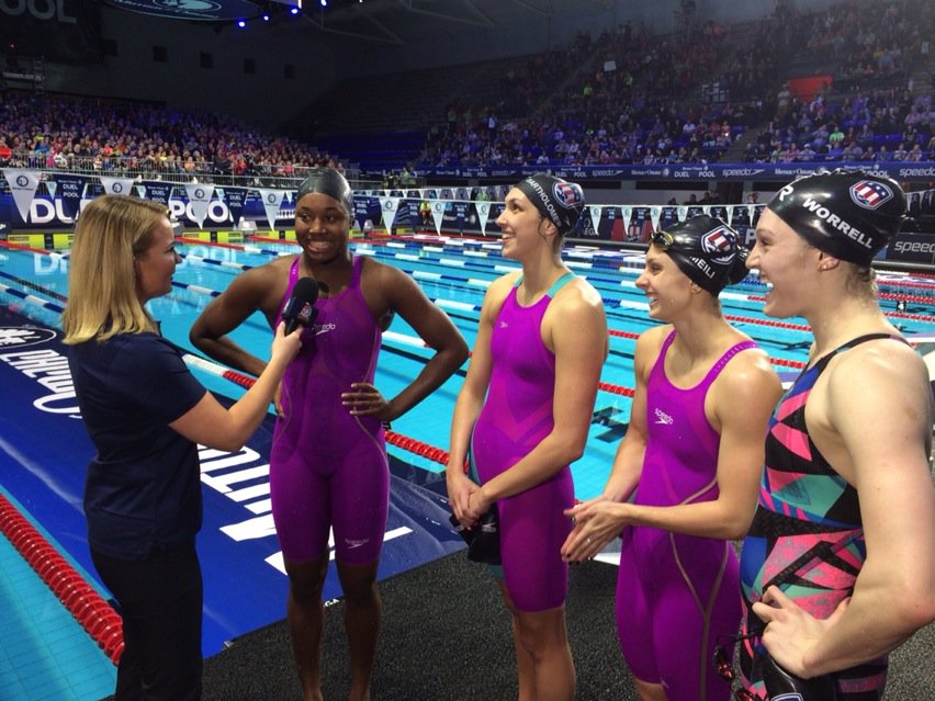 USASwimming's tweet photo. New world record for Team USA in 400 medley relay at #MutualDuel as @simone_manuel posts strong anchor free leg https://t.co/vNhE32YQec